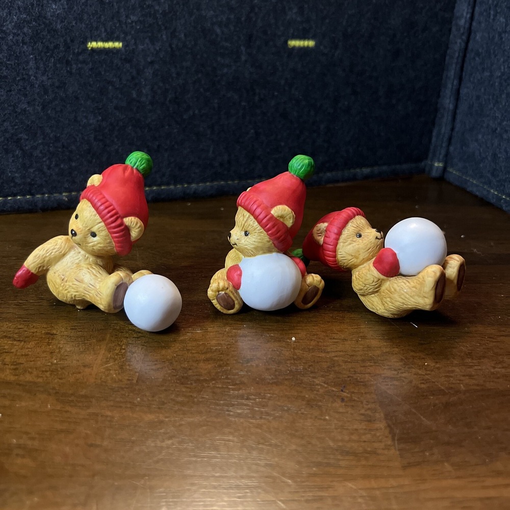 Vintage Christmas Dakin 1984 porcelain BEARS with Snow Balls‎ figurines 2"